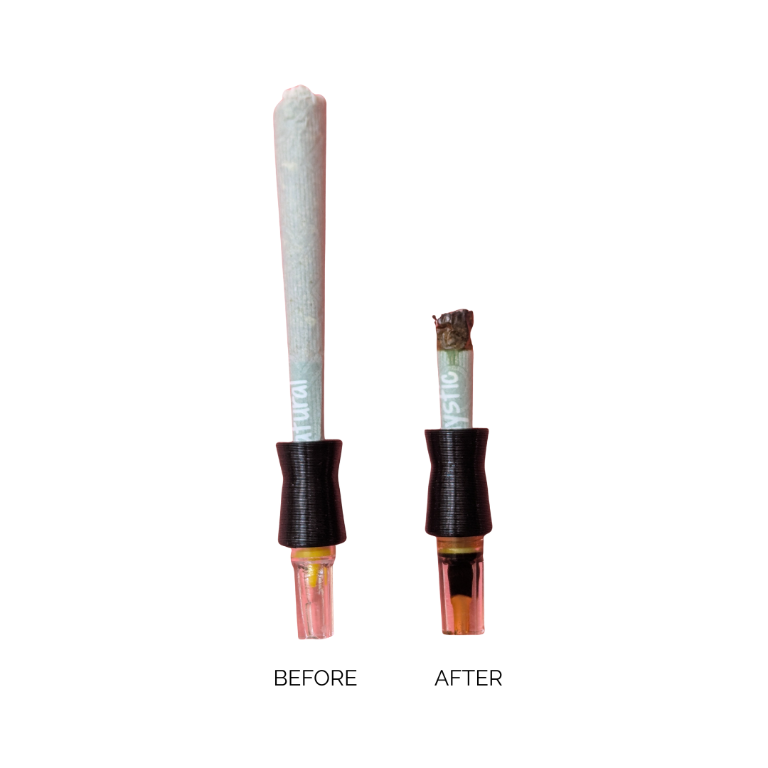 Comparison of pre-roll smoke before and after using TarTubes showing reduced tar and cleaner hit